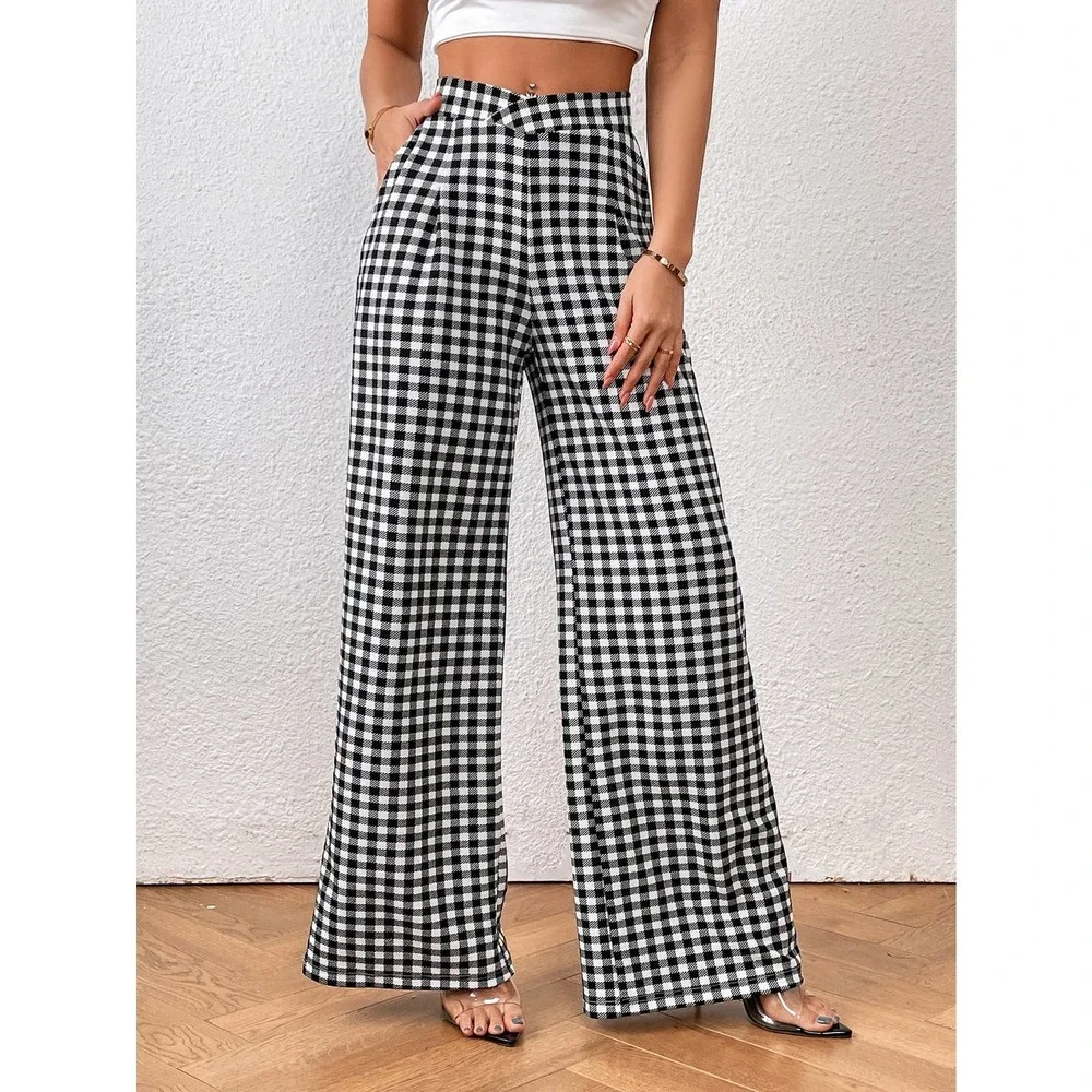 Gingham plaid Print Wide Leg high waist  Pants black white - Picture 6 of 7